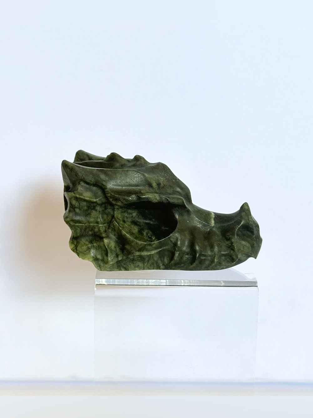 Carved Green Serpentine Jade Dragon Head Skull Sculpture